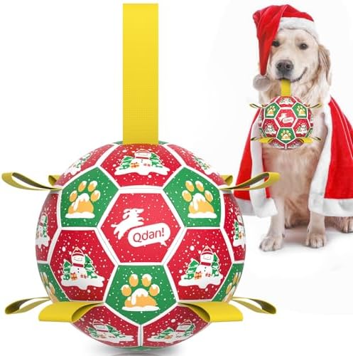 QDAN Christmas Dog Toys: Dog Soccer Ball with Straps for Outdoor Play, Tug of War, Puppy Gifts Durable 8-Inch Dog Balls for Medium Large Dogs by QDAN
