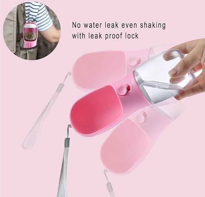 Three-in-One Pet Water Bottle and Food Container, Pink, Leak-Proof Design with Waste Bag Dispenser, 300ml Water, 100g Food Capacity