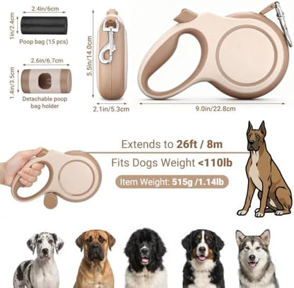 Segarty 26 Ft Walking Lead with Poop Bag Holder for Pet 66 lbs - 110 lbs, 360°Tangle-Free 8m Long Retractable Leash with Anti-Slip Handle One-Handed Brake Pause Lock, Heavy-Duty Leash for Dogs Outside - Image 2