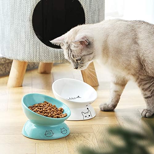 Sweejar Ceramic Raised Cat Bowls, Slanted Cat Dish Food or Water Bowls, Elevated Porcelain Pet Feeder Bowl Protect Cat's Spine, Stress Free, Backflow Prevention (White) - Image 4