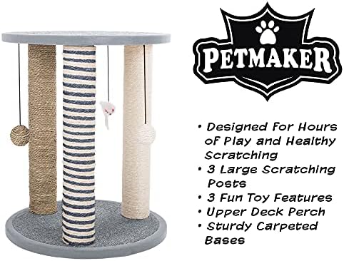 Cat Scratching Post - 3 Scratcher Posts with Carpeted Scratch Pad Base and Perch - Furniture Scratching Deterrent for Indoor Cats by PETMAKER (Gray) - Image 2