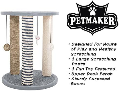 Cat Scratching Post - 3 Scratcher Posts with Carpeted Scratch Pad Base and Perch - Furniture Scratching Deterrent for Indoor Cats by PETMAKER (Gray) - Image 2