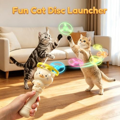 Cat Fetch Toy Flying Disc Cat Propeller Toy Set 2 Launchers 19 Discs 8 Springs Glow in the Dark Fast Reload Interactive Launcher for Indoor and Outdoor - Image 3