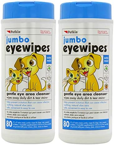 Petkin Jumbo Pet Eye Wipes, 80 Extra Moist Wipes, 2 Pack - Natural Formula Gently Removes Dirt, Discharge, & Tear Stains - Safe, Convenient, & Easy to Use Pet Wipes for Dogs, Cats, Puppies & Kittens by Petkin