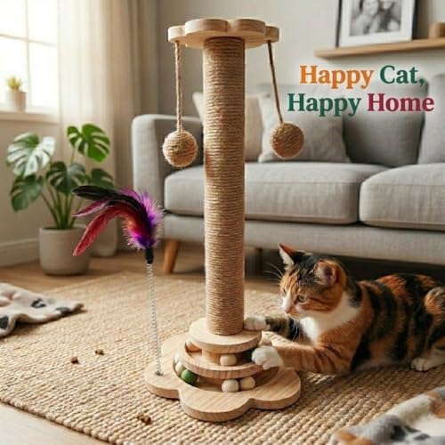 Cat Scratching Post 15" with Sisal Rope, Ball Track Base & Dangling Toys - Image 4