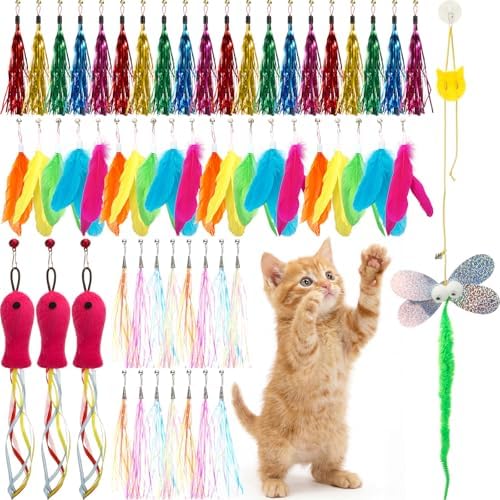 60 Pcs Cat Wand Feather Toy Refills Colorful Replacement Feather Attachments with Bell Natural Fit Cat Toy Universal Interactive Fishing Pole Teaser Attachment for Indoor Kitten(Feather-mix) by Unknown