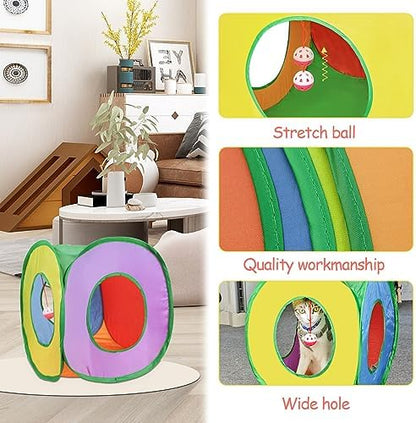 Andiker Cat Tunnel, Foldable Square Colorful Kitten Pop Up Tent Matches with Most Cat Tubes Polyester Kitten Tent with a Bell Ball 3 Holes Kitten Tubes to Hide Play (Square S) - Image 4