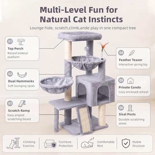 Cat Tree with Cat Condo and Two Hammocks, Cat Tree with Scratching Posts and Scratching Pads, Cat Tower for Indoor Cats, Activity Centre Climbing Tree with Playful Toy Balls, Grey - Image 6