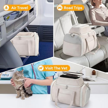 Premium Leather Top Expandable Pet Carrier for Small Dogs & Cats Under 15 lbs, Airline Approved Collapsible Soft-Sided Luxury Travel Bag Beige - Image 6