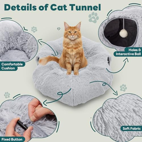 DUMOS Cat Tunnel Bed for Indoor Cats, Cave Donut Play Tunnel, Silver - Image 3