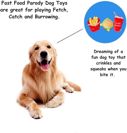 Glow Pups Dog Toys, Squeaky Plush Food Parody Dog Toy with Fun Fast Food Design, Durable Plush Material for Small to Medium Dogs (3 Pack: Hamburger, Fries, Milkshake) - Red