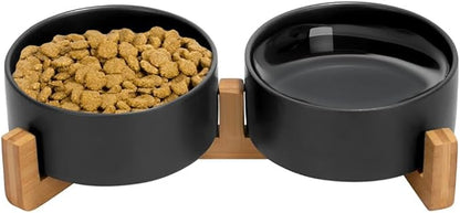 Ceramic Cat and Small Dog Bowl Set – Modern Indoor Small Size Pet Food and Water Bowls with Wood Stand – Non Slip Puppy Sized Feeding Station with Double Dishes (Black)