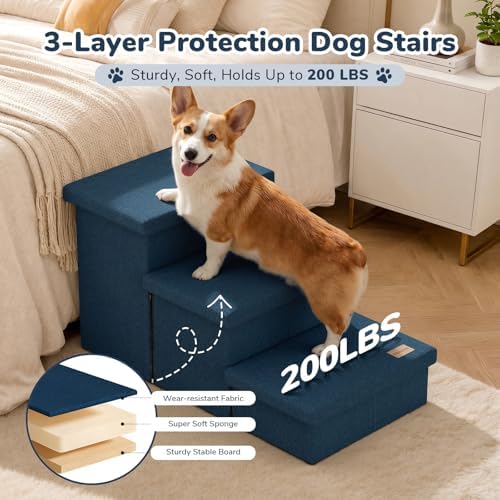 3-Step Wide Dog Stairs with Hidden Storage 18" H, Non-Slip Dog Steps for High Bed Couch Window Car, Jiont-Friendly Pet Stairs Ramp for Small/Medium/Large Old Dogs Cats Up to 220lbs, Navy - Image 4