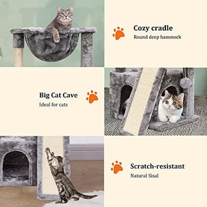 SYANDLVY Cat Tree for Indoor Cats Large Adult, Modern Activity Tower with Scratching Posts & Board, Condo with Plush Perch, Climbing Stand with Cradle & Hanging Ball for Play, Light Grey - Image 2