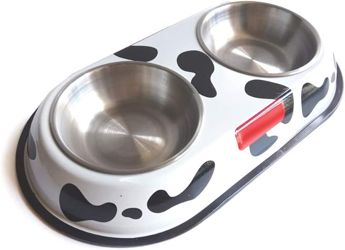 Spot Pattern Round Stainless Steel Dog and Cat Food Double Bowl Drinking Bowl Pet Supplies with Metal Anti Slip Base (L-Round-Pattern)