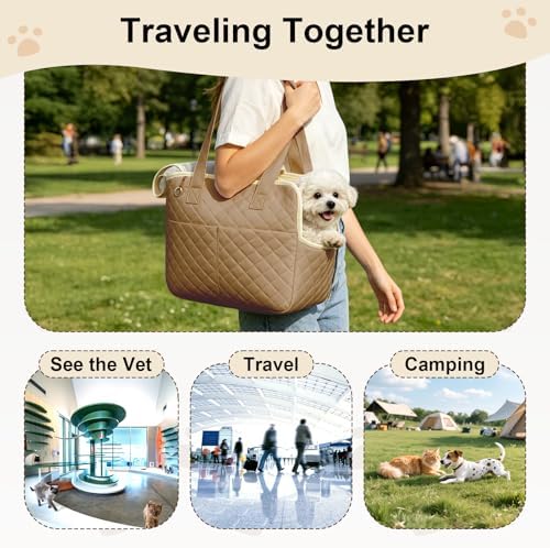 YooxArmor Dog Purse Carrier for Small Dogs & Cats, Foldable Soft Tote for 5-14lbs Pets, Large Pockets, Safety Leash & Removable Mat for Walking Shopping Outdoor, Khaki - Image 7