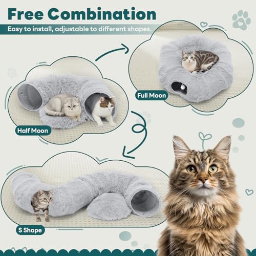DUMOS Cat Tunnel Bed for Indoor Cats, Cave Donut Play Tunnel, Silver - Image 4