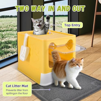 Covered Cat Litter Box, Extra Large Drawer Design with Dual Entry, Yellow - Image 4