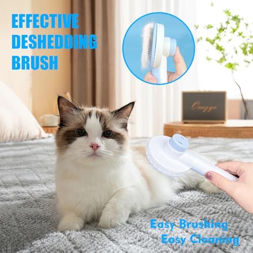 Grooming Brush Kit - 5pcs for Shedding & Matted Fur, Self-Cleaning with Flea Comb for Indoor Long-Haired Cats, Blue - Image 2
