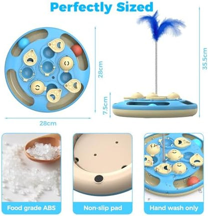 3 in 1 Cat Treat Puzzle Feeder, Level 3 Interactive Cat Puzzle Toy with Track Balls, Feather Teaser & Slow Feeder Insert, Non-Slip Base, Mental Stimulation for Bored Indoor Cats, Blue - Image 5