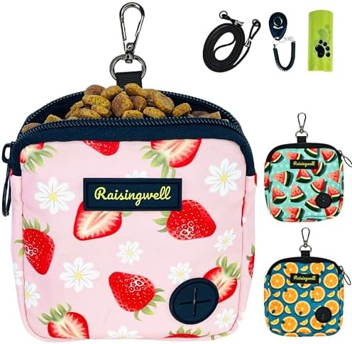 Raisingwell Dog Treat Pouch for Pet Walking and Training with Clicker Poop Bags Small Fanny Zipper Pack Holder for Puppy Snack Dispenser Kit for Leash and Outdoor Use (Strawberry) by Raisingwell