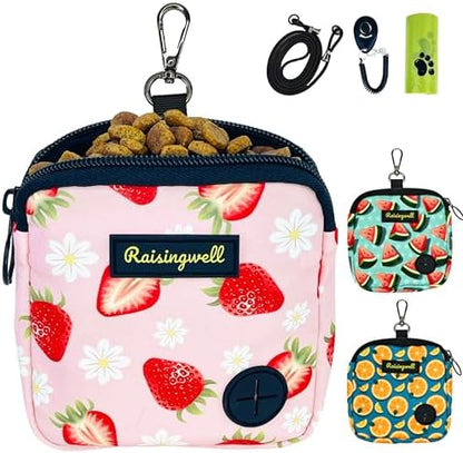 Raisingwell Dog Treat Pouch for Pet Walking and Training with Clicker Poop Bags Small Fanny Zipper Pack Holder for Puppy Snack Dispenser Kit for Leash and Outdoor Use (Strawberry) by Raisingwell
