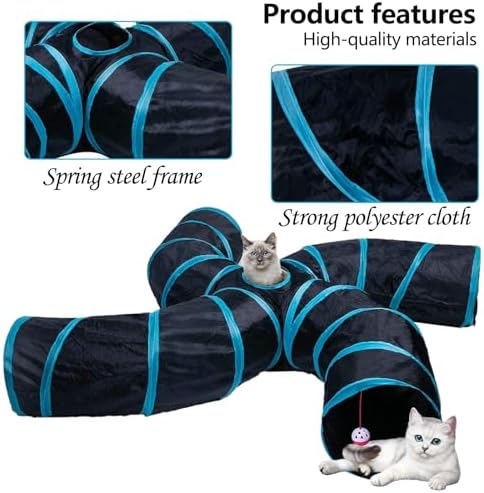 EGETOTA Cat Tunnel for Indoor Cats Large, with Play Ball S-Shape 4 Way Collapsible Interactive Peek Hole Pet Tube Toys, Puppy, Kitty, Kitten, Rabbit (S4 - Black & Blue) - Image 4