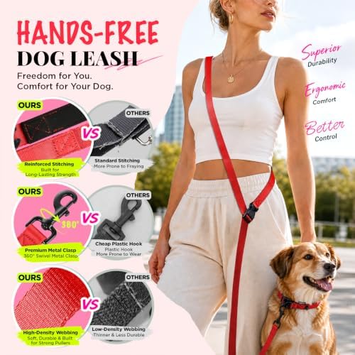 Hands Free Dog Leash, 5.9-8.2ft Multifunctional Crossbody Rope with Explosion-Proof Handle and Adjustable Training Hands Free Leash for Medium Dog Walking Running Hiking Travel Red - Image 5