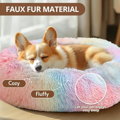 JOLLYVOGUE Calming Dog Bed for Small Dogs - 23 inches Donut Washable Small Dog Bed for Kittens & Puppies, Anti-Slip Round Fluffy Plush Faux Fur Cat Beds (Fits up to 25 lbs Pets, Rainbow) - Image 2