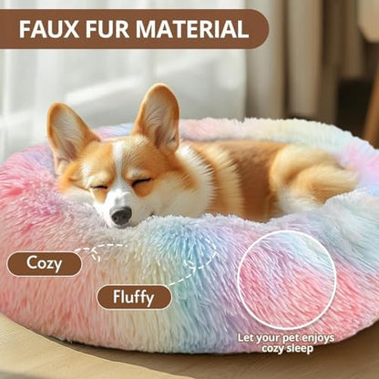 JOLLYVOGUE Calming Dog Bed for Small Dogs - 23 inches Donut Washable Small Dog Bed for Kittens & Puppies, Anti-Slip Round Fluffy Plush Faux Fur Cat Beds (Fits up to 25 lbs Pets, Rainbow) - Image 2