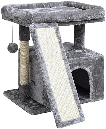 Small Cat Tree for Indoor Cats, Cat Tower with Scratching Post and Board, Cat House with Perch for Kitten, Stable Condo and Stand (Light Grey) by SIYIPURR