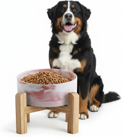 Elevated/Raised Ceramic Dog Bowl with Bamboo Stand,Marble Pattern 7 Inch 7.6 Cups Non Slip Heavy Weighted Single Pet Dish,Anti Tipping,Reduces Neck Strain Marble Pink