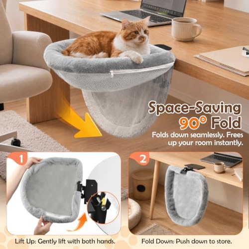Cat Desk Bed, 90° Foldable Cat Hammock for Desk, Heavy-Duty Steel Frame with Dual Locking Knobs, Large Cat Bed with Washable Faux Fur & Mesh Covers, Fits Desktops up to 2.76", Holds Up to 50 Lbs, Grey - Image 3