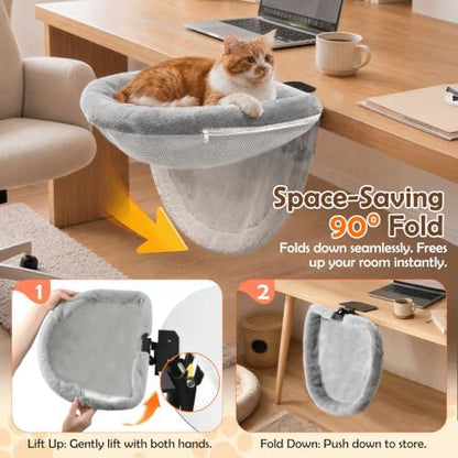 Cat Desk Bed, 90° Foldable Cat Hammock for Desk, Heavy-Duty Steel Frame with Dual Locking Knobs, Large Cat Bed with Washable Faux Fur & Mesh Covers, Fits Desktops up to 2.76", Holds Up to 50 Lbs, Grey - Image 3
