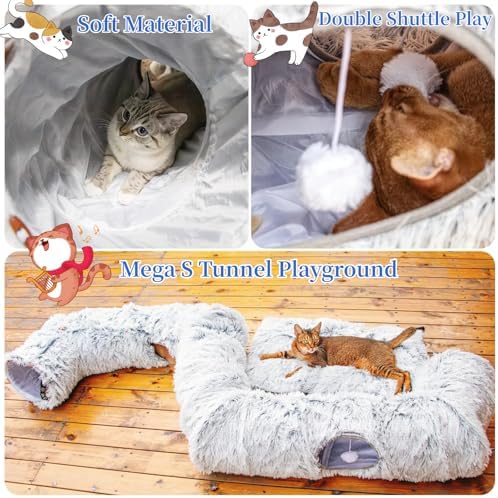 XxingSheep 4-Cave Plush XL Cat Tunnel Bed Indoor Cats Peekaboo Toy Mat Grey - Image 4