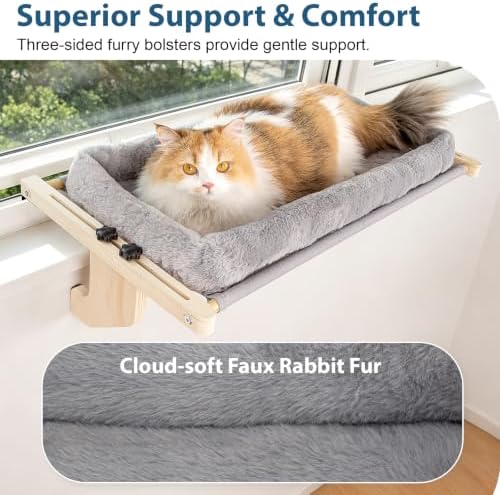 Cat Sill Window Perch - 100% Natural Pine Frame, Soft Plush Fleece Cushion, Tool-Free Adjustment, Supports 55 lbs (Extra Large-Grey) - Image 2