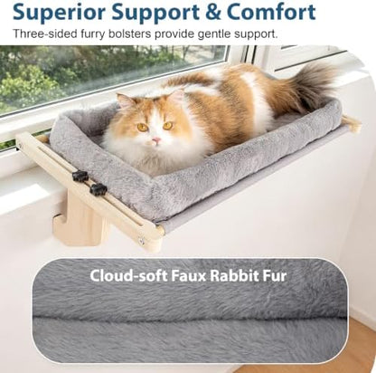 Cat Sill Window Perch - 100% Natural Pine Frame, Soft Plush Fleece Cushion, Tool-Free Adjustment, Supports 55 lbs (Extra Large-Grey) - Image 2