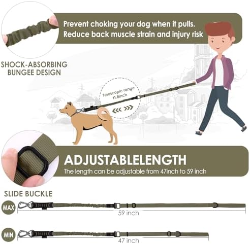 Hotsky Tactical Bungee Shock Absorbing No Pull Dog Leash,Army Green,4-6FT - Image 6