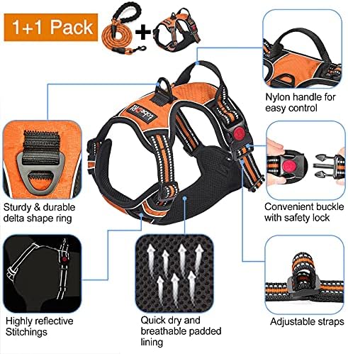 tobeDRI No Pull Dog Harness Adjustable Reflective Oxford Easy Control Medium Large Dog Harness with A Free Heavy Duty 5ft Dog Leash, Orange, L - Image 3