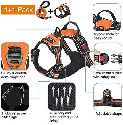 tobeDRI No Pull Dog Harness Adjustable Reflective Oxford Easy Control Medium Large Dog Harness with A Free Heavy Duty 5ft Dog Leash, Orange, L - Image 3