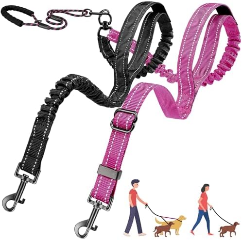 AUTOWT Double Leash for Two Dogs, No Tangle 360° Swivel Dual Dog Leashes with 4 Handles, Super Lightweight for Puppy, Reflective Adjustable Strap and Shock Absorbing Bungee by AUTOWT