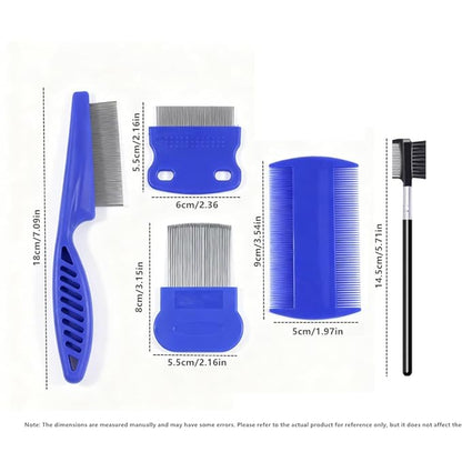 3/4/5-pieces flea and lice comb set, stainless steel pet comb (for dogs and cats, circular tooth design), double-sided tear stain remover, pet shedding comb, suitable for all types of pets (5pcs)