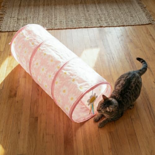 Catstages Tunnel Toy for Indoor Cats, Collapsible Hide & Play Tube with Plush Catnip Toy, Pink Daisy, 28” - Image 6