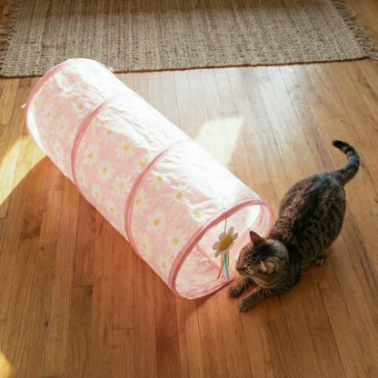 Catstages Tunnel Toy for Indoor Cats, Collapsible Hide & Play Tube with Plush Catnip Toy, Pink Daisy, 28” - Image 6