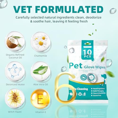 MEDUWEDU [10 Count] No-Rinse Pet Glove Wipes – 5-Finger Design, Coconut Oil & Aloe, Hypoallergenic Grooming Mitts for Dogs & Cats - Image 3