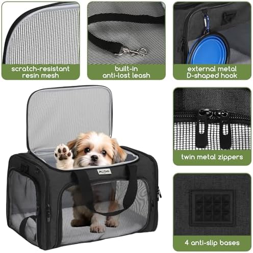 Pet Carrier for Cats & Small Dogs, Travel Carrier with Anti-Collapse Support, Chew Resistant Buckles, Luggage Sleeve, Multi-Pocket Storage, Reversible Mat & Bowl (Black, Medium (17.5"x11"x11.5")) - Image 4