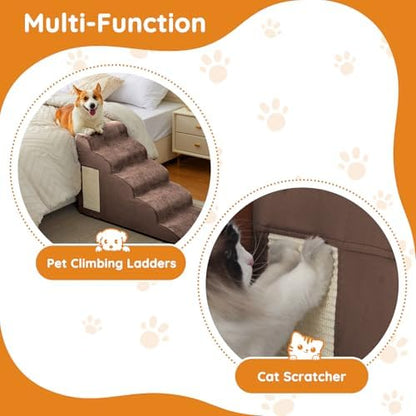 Ahpmeoa Dog Stairs for Small Dogs 19.7" H, Dog Ramp for Bed, 4-Step, Coffee - Image 5