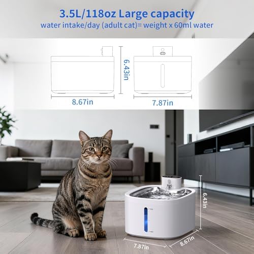 Cat Water Fountain Wireless: 118oz/3.5L Battery Operated Pet Water Fountain for Cats Indoor with Motion Sensor, Quiet Automatic Fountain with Stainless Steel Tray(8Filters) - Image 6