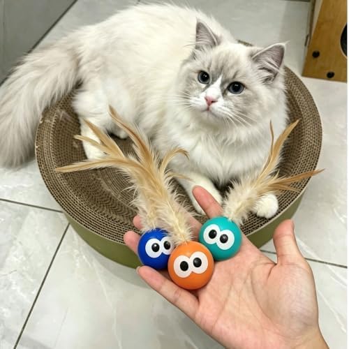 Bouncy Cat Toys with Feathers 3-Pack, Interactive Rubber Ball with Goofy Eyes and Natural Tail for Indoor Cats & Kittens, High Elastic Bouncing Toy for Chase Hunt Play - Image 6
