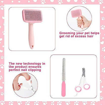 VCZONE 8 Pcs Dog Grooming Kit with Self Cleaning Tools: Nail Clipper, Flea Comb, Shampoo Brush, Shedding Brush, Dematting Comb, Silicone Toothbrush (Pink) - Image 5